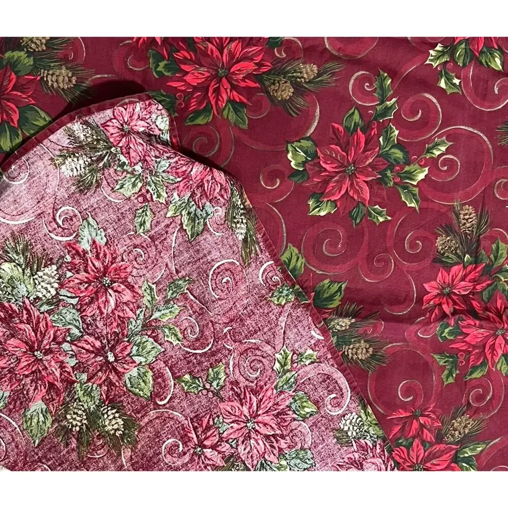 Vintage Christmas Red Poinsettias Burgundy Green Fabric Tablecloth 67x50
